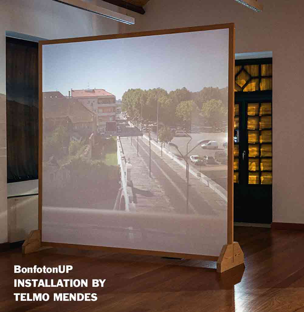 BonfotonUP Camera Obscura art installation by photographer Telmo Mendes. Upright Camera Obscura projected onto a semitransparent screen.