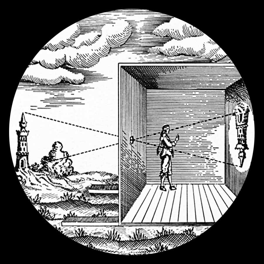 How the camera obscura works. Drawing from Athanasius Kircher's book Ars Magna (1646)