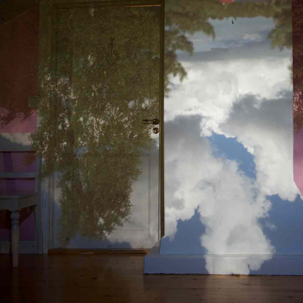 Bonfoton Camera Obscura room with cumulus clouds and a birch tree inside the room.